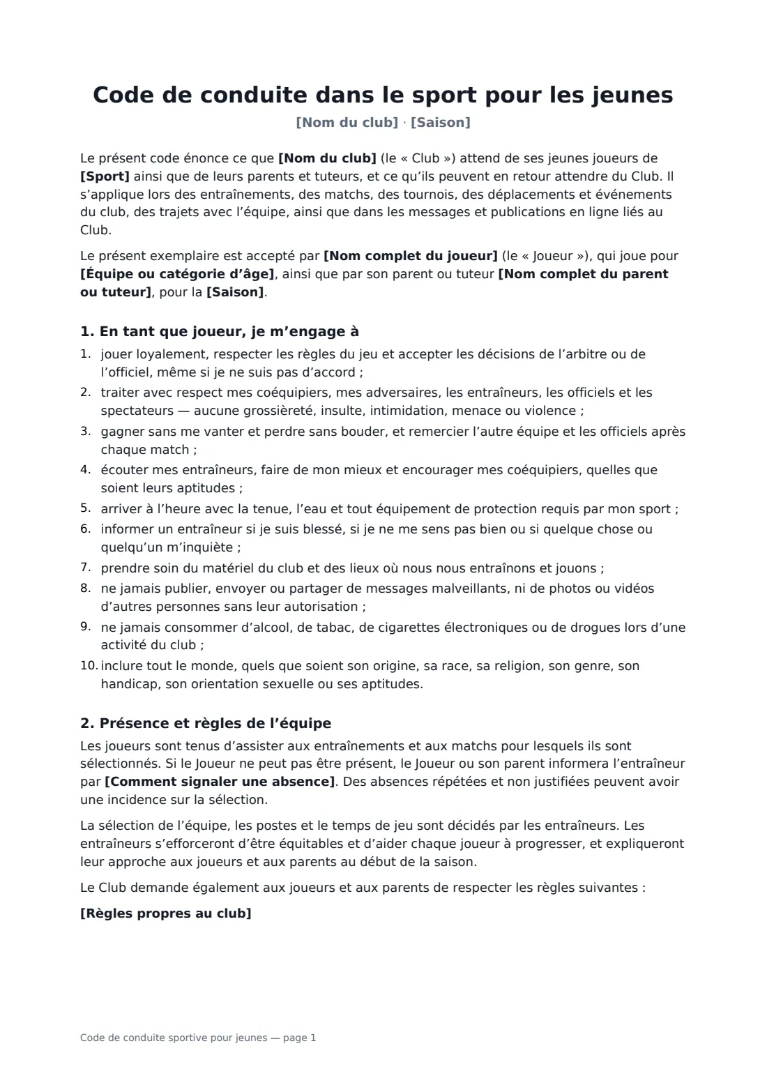 Code de conduite sportive pour jeunes — page 1 sur 3