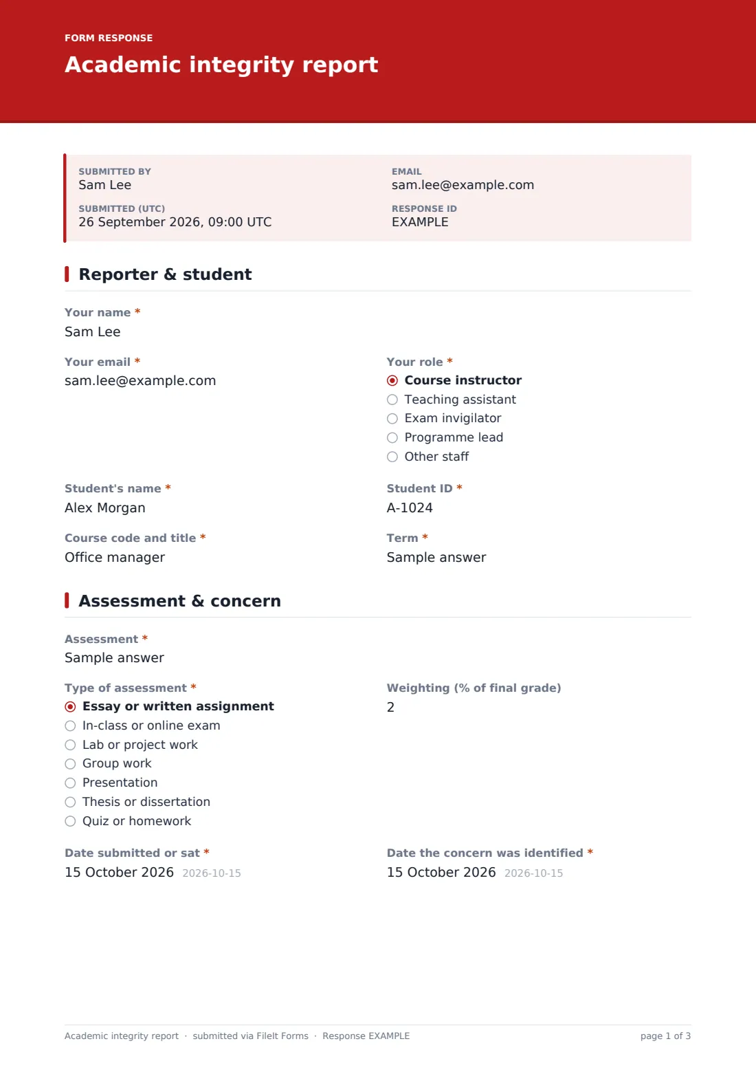 Academic integrity report — example response PDF, page 1 of 3