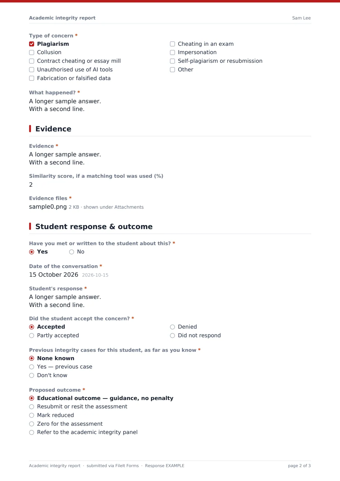Academic integrity report — example response PDF, page 2 of 3