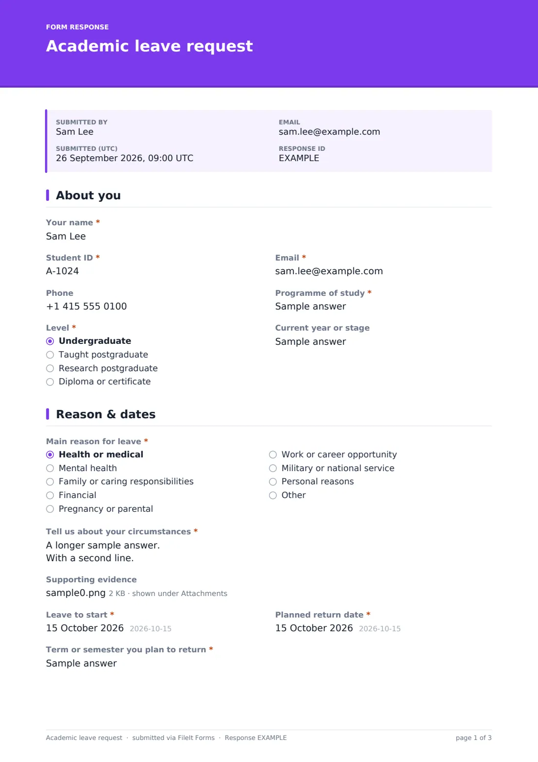 Academic leave request — example response PDF, page 1 of 3