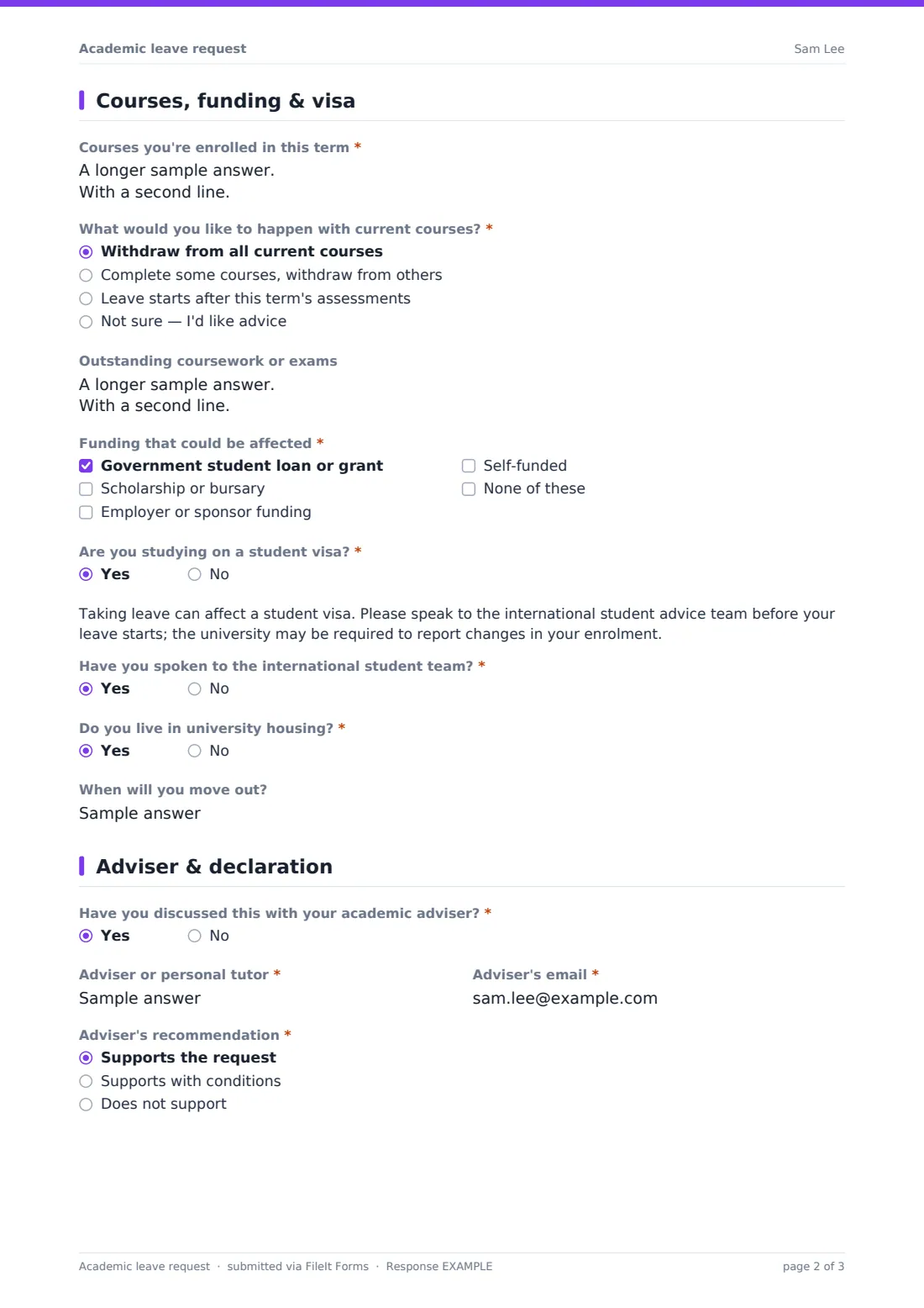 Academic leave request — example response PDF, page 2 of 3