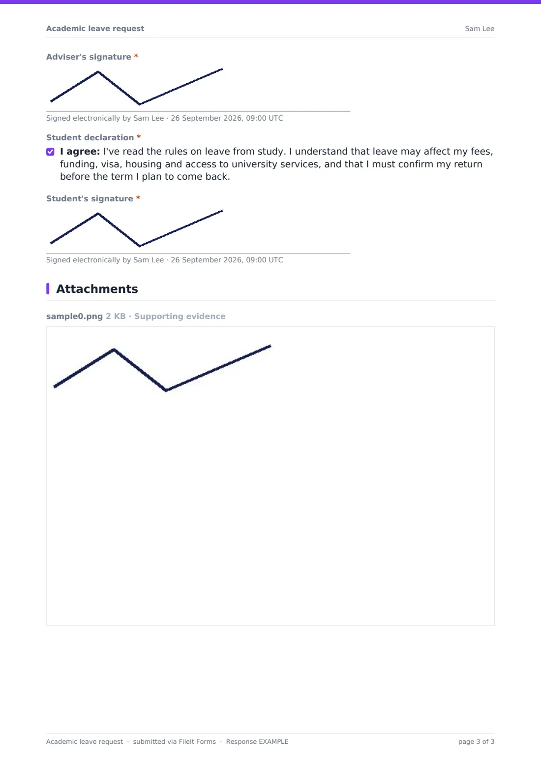 Academic leave request — example response PDF, page 3 of 3
