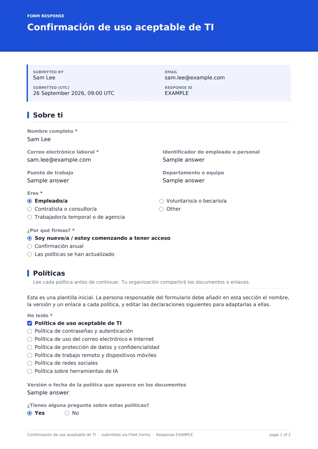 Confirmación de uso aceptable de TI — PDF de respuesta de ejemplo, página 1 de 2