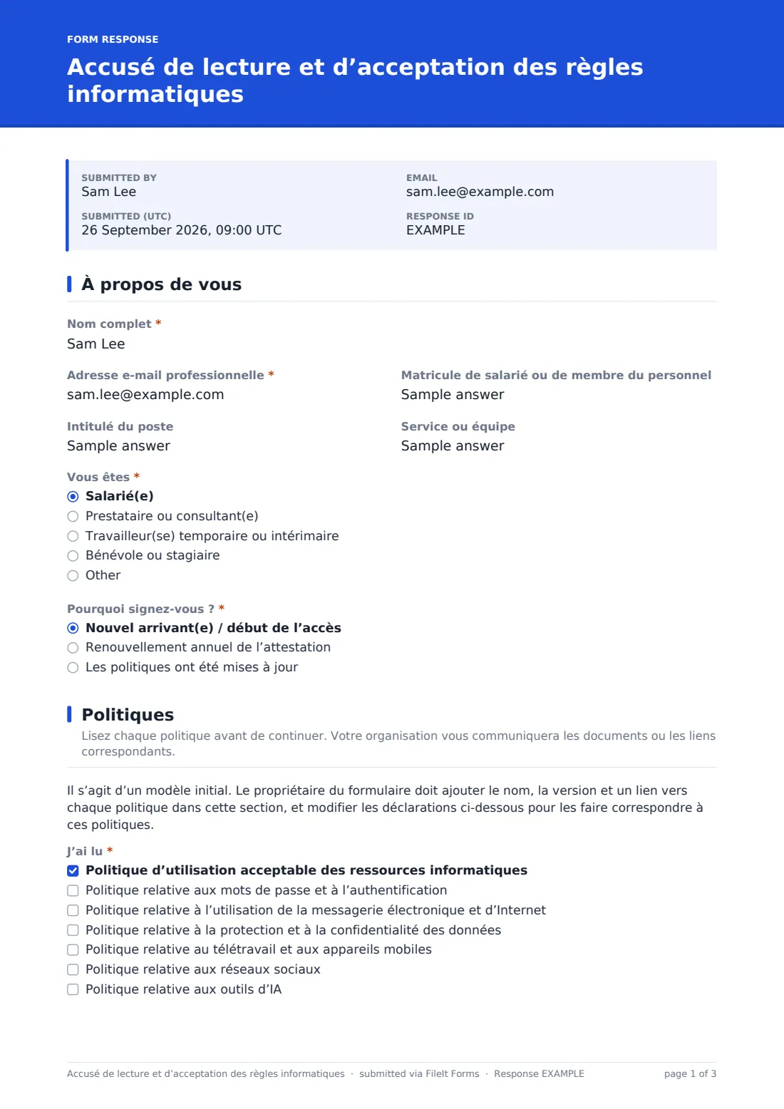 Accusé de lecture et d’acceptation des règles informatiques — exemple de réponse au format PDF, page 1 sur 3