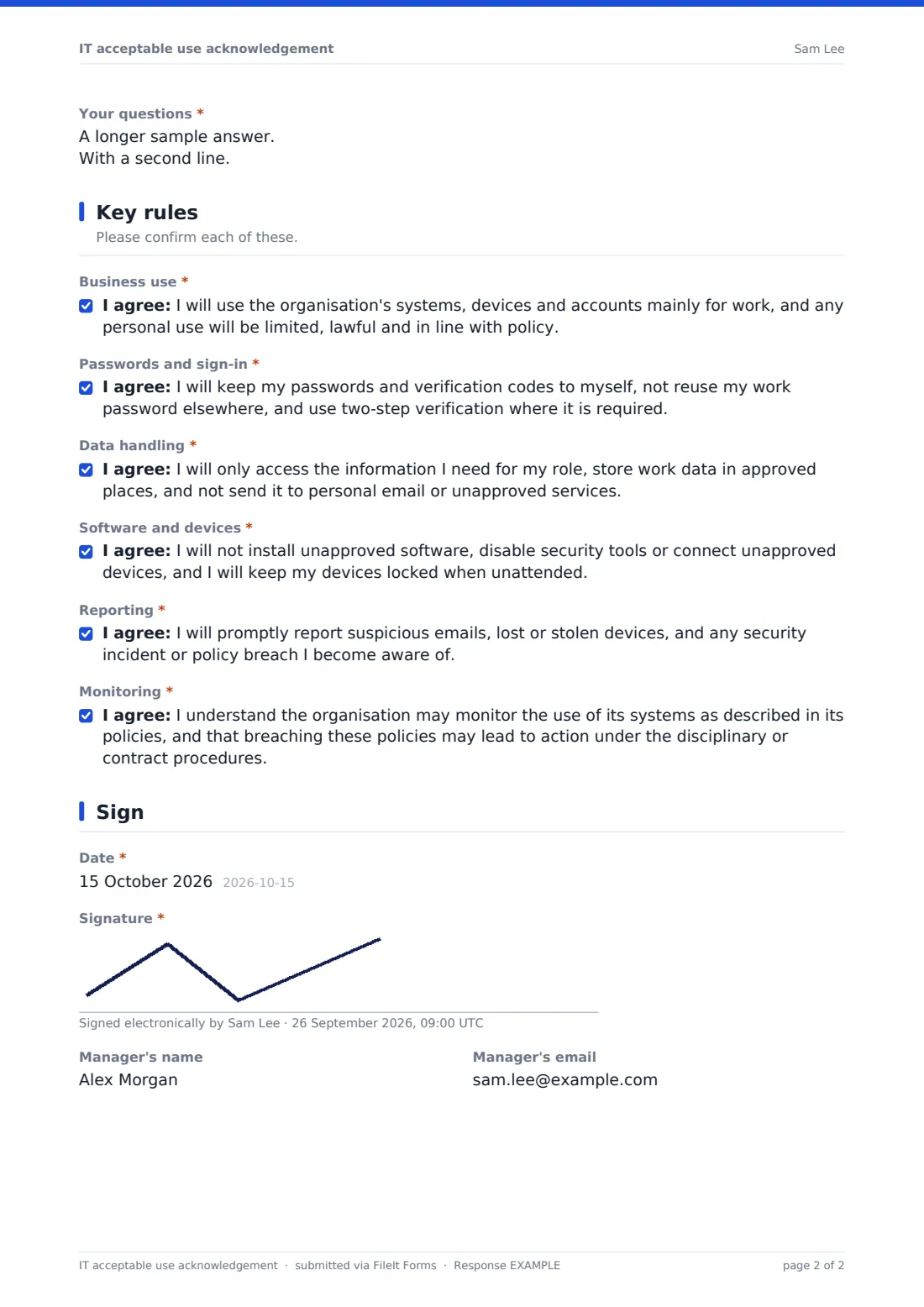 IT acceptable use acknowledgement — example response PDF, page 2 of 2