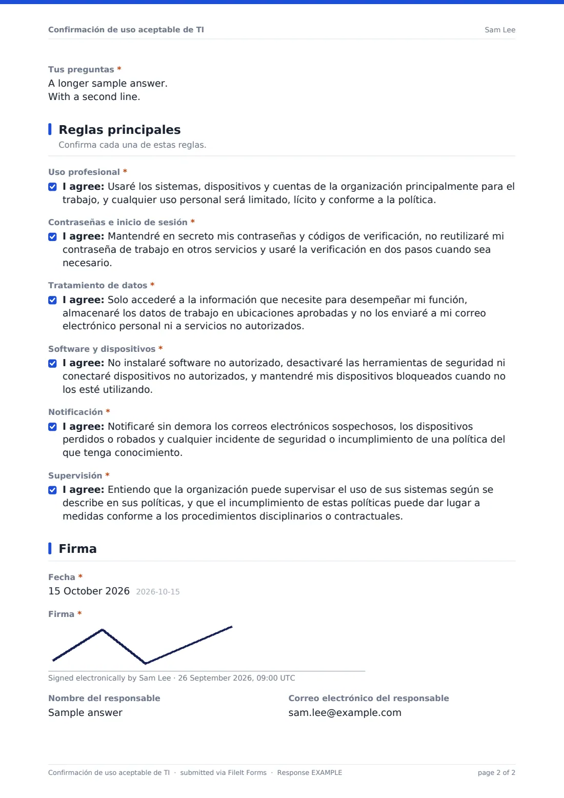 Confirmación de uso aceptable de TI — PDF de respuesta de ejemplo, página 2 de 2