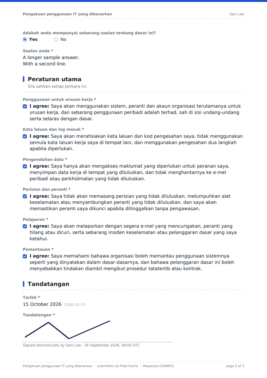 Pengakuan penggunaan IT yang dibenarkan — PDF respons contoh, halaman 2 daripada 3