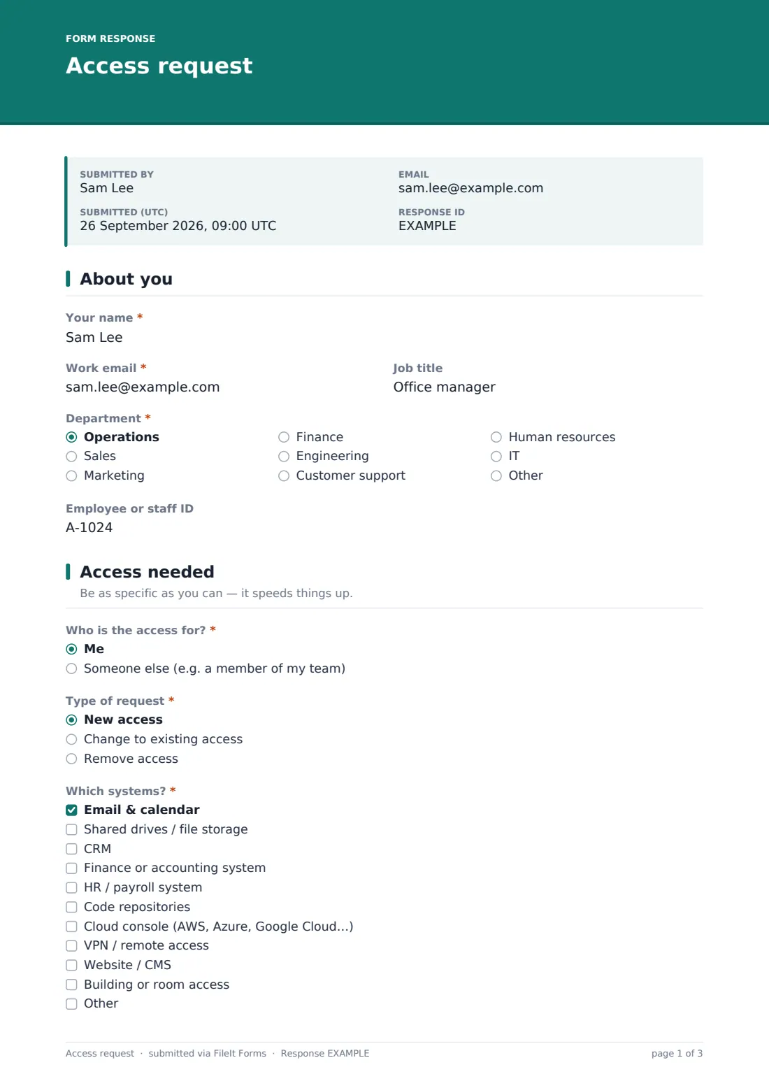 Access request — example response PDF, page 1 of 3