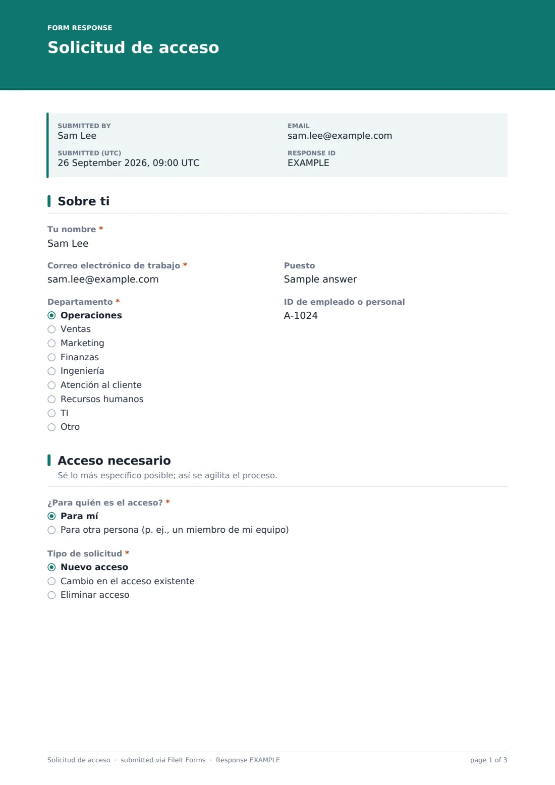 Solicitud de acceso — PDF de respuesta de ejemplo, página 1 de 3
