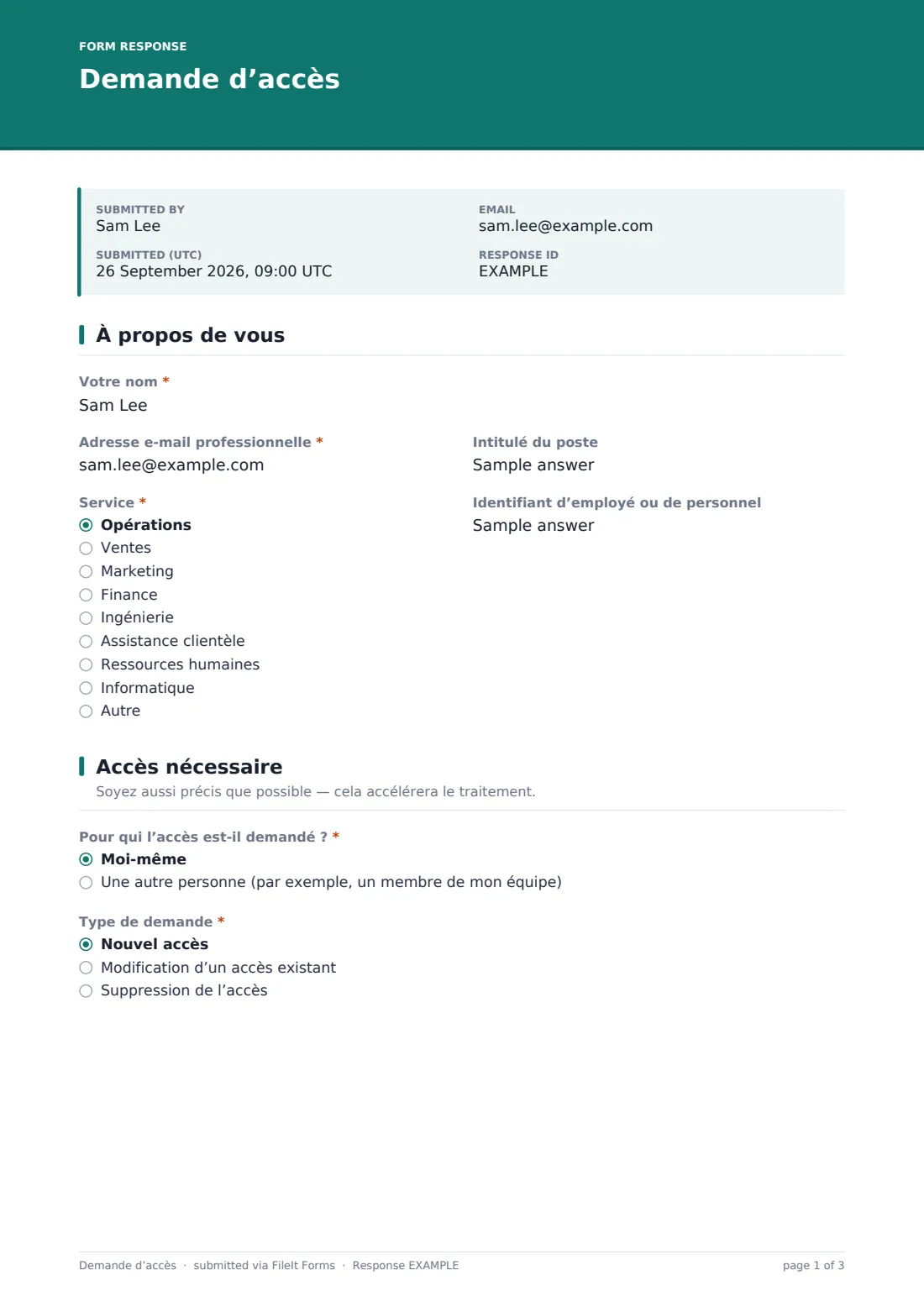 Demande d’accès — exemple de réponse au format PDF, page 1 sur 3