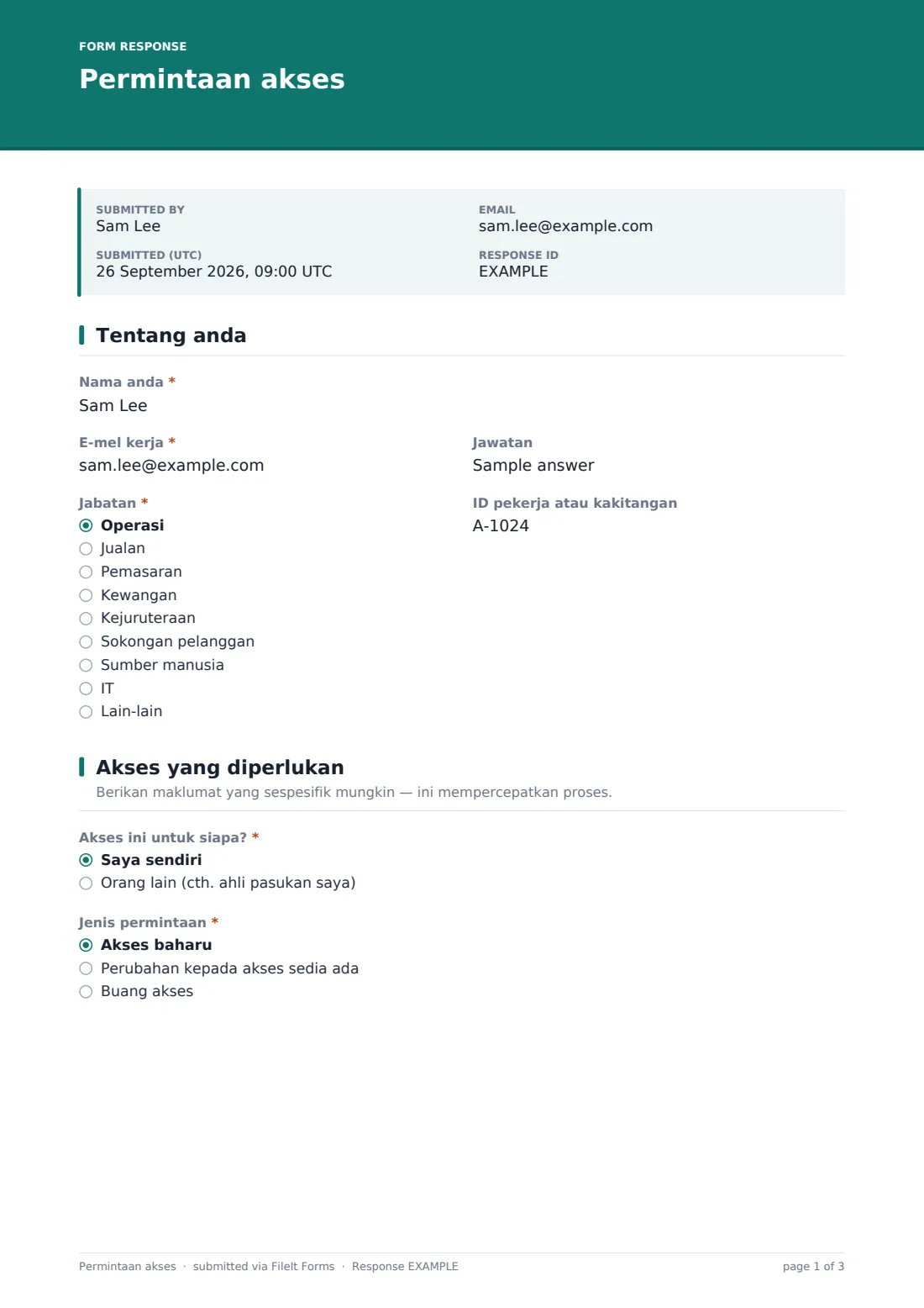 Permintaan akses — PDF respons contoh, halaman 1 daripada 3
