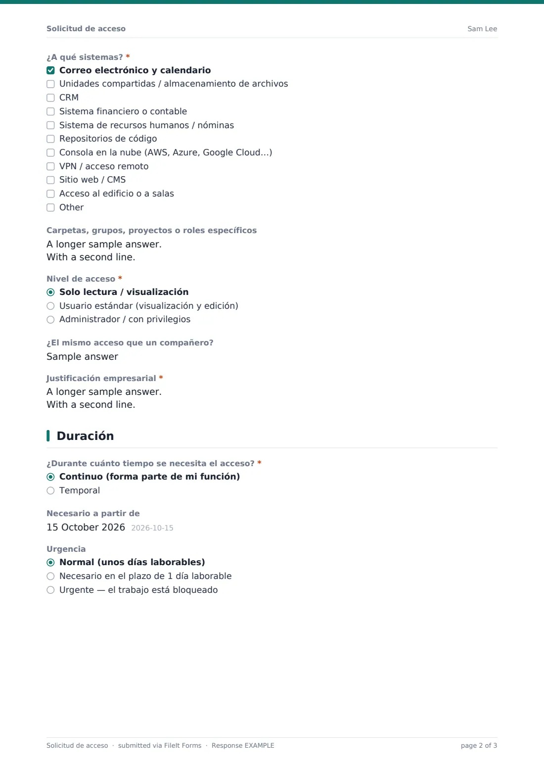 Solicitud de acceso — PDF de respuesta de ejemplo, página 2 de 3