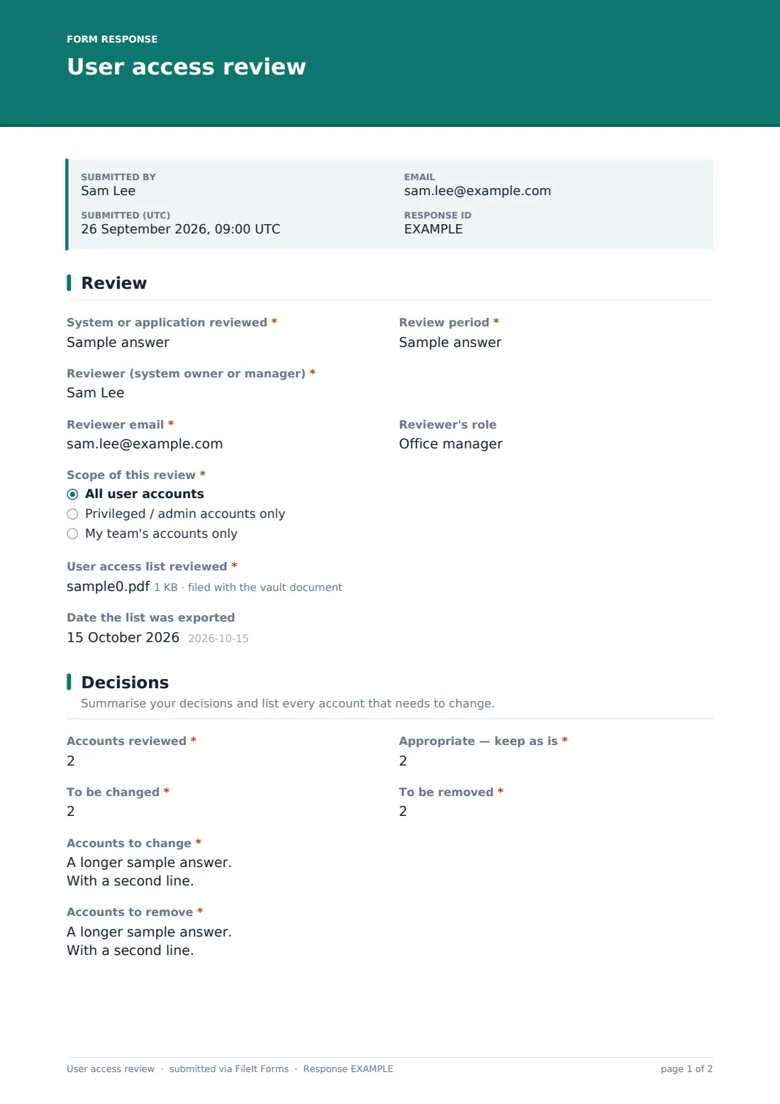 User access review — example response PDF, page 1 of 2