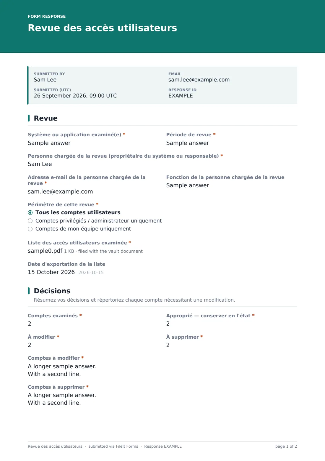 Revue des accès utilisateurs — exemple de réponse au format PDF, page 1 sur 2