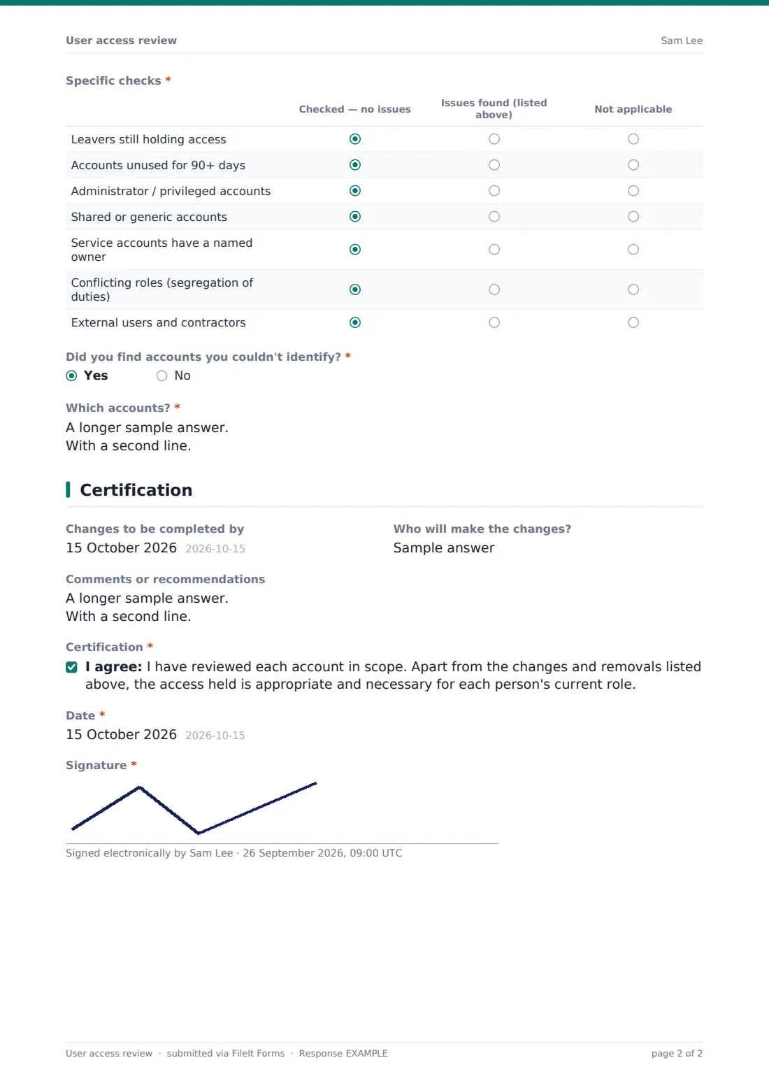 User access review — example response PDF, page 2 of 2