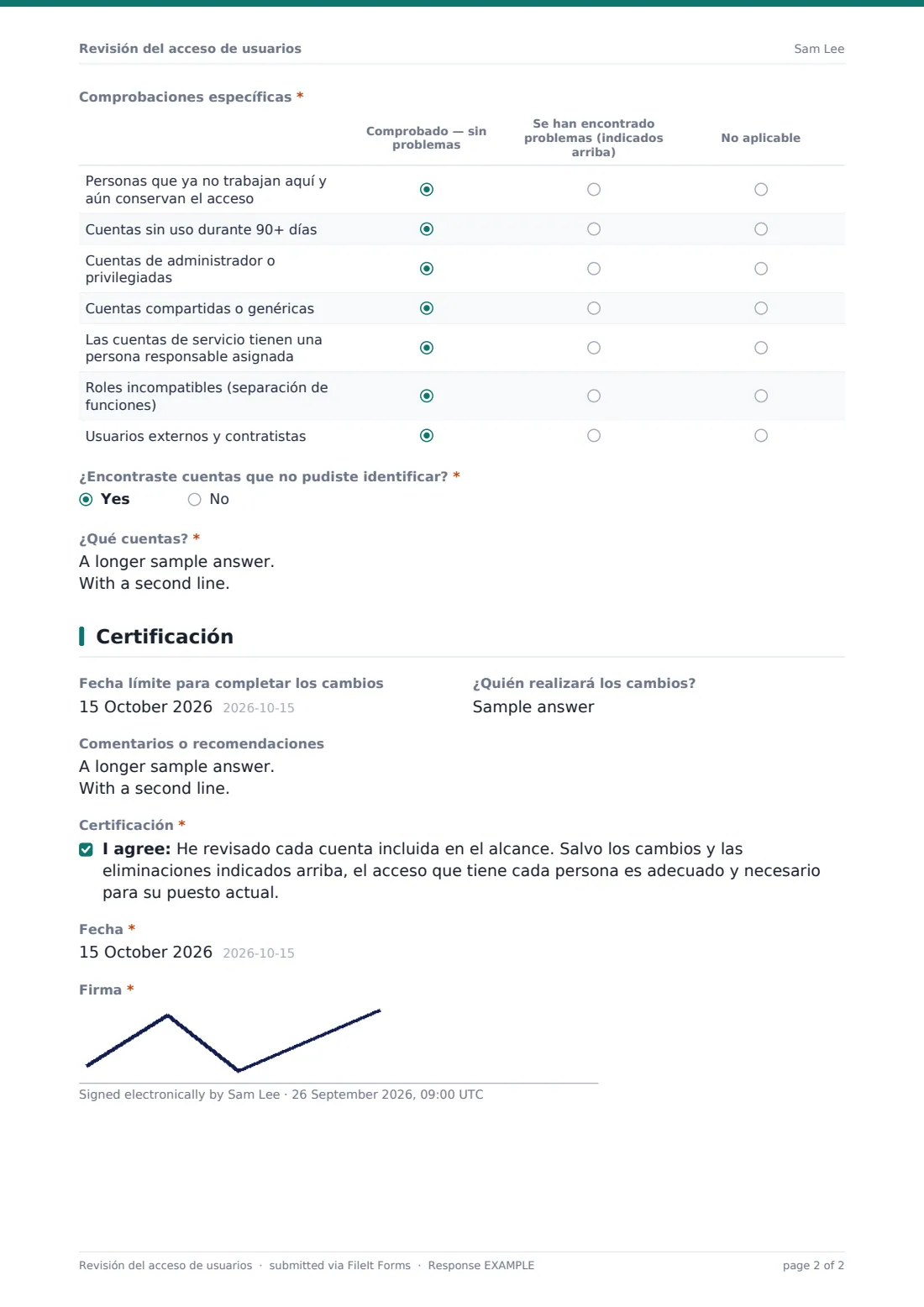 Revisión del acceso de usuarios — PDF de respuesta de ejemplo, página 2 de 2