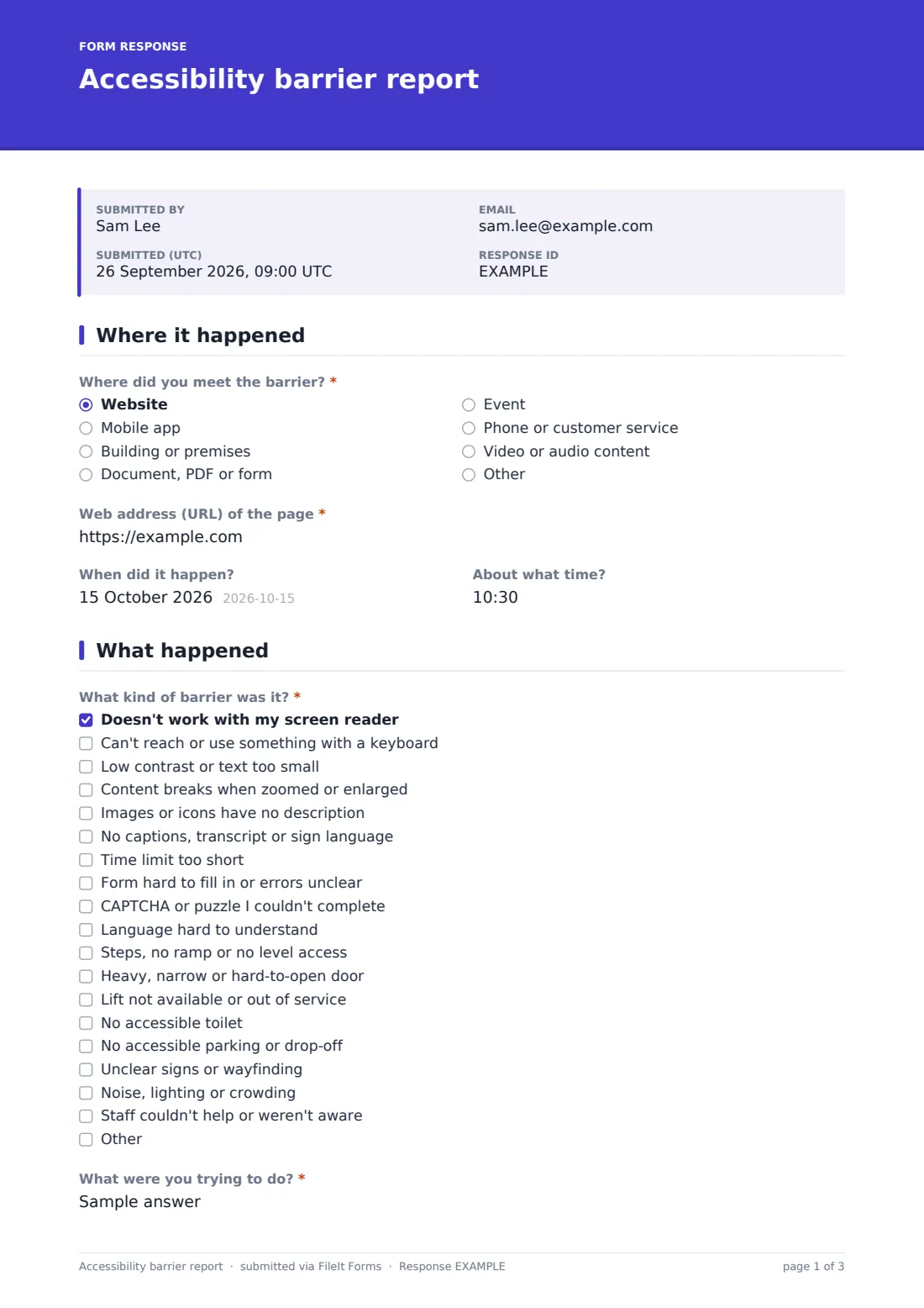 Accessibility barrier report — example response PDF, page 1 of 3