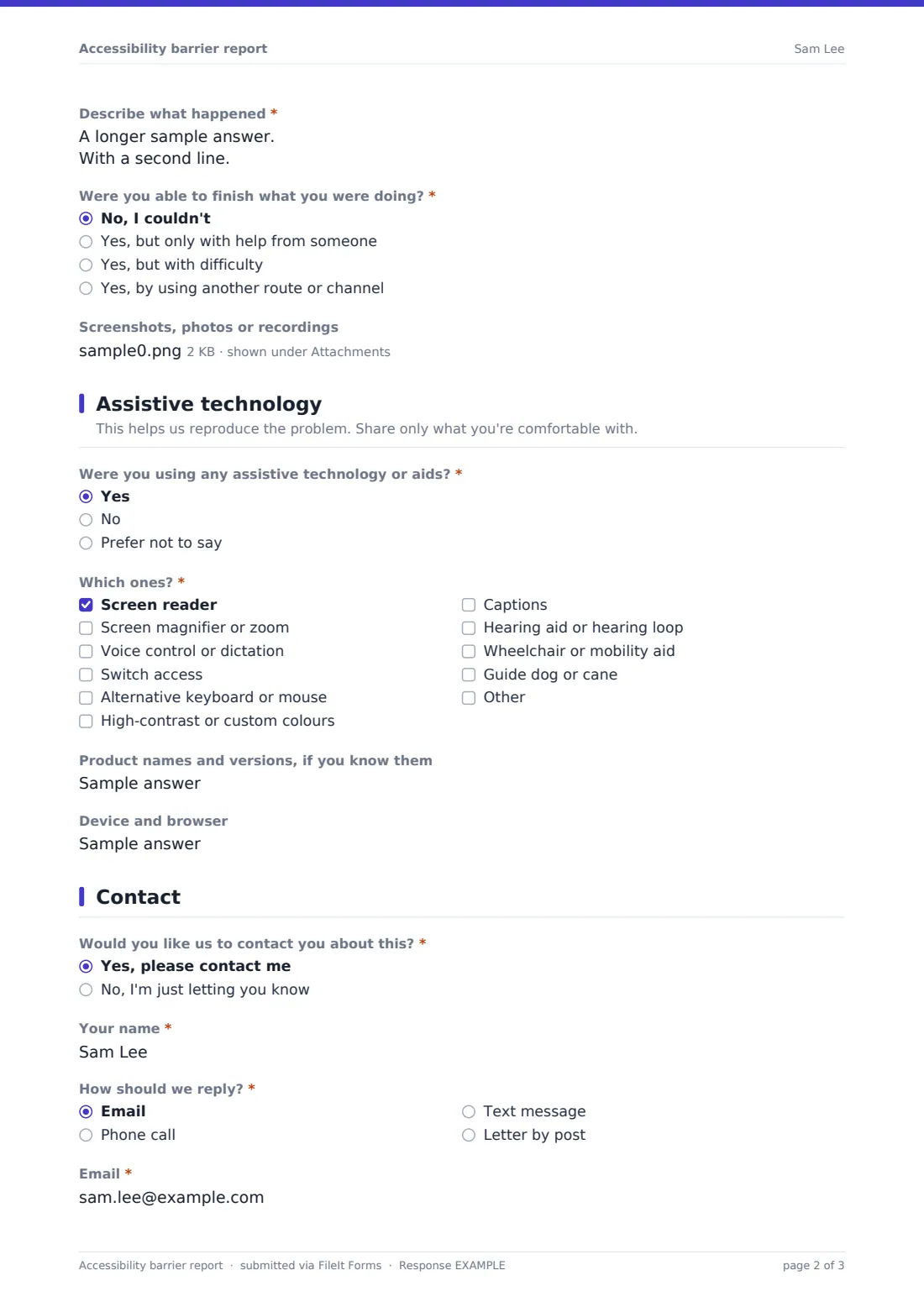 Accessibility barrier report — example response PDF, page 2 of 3