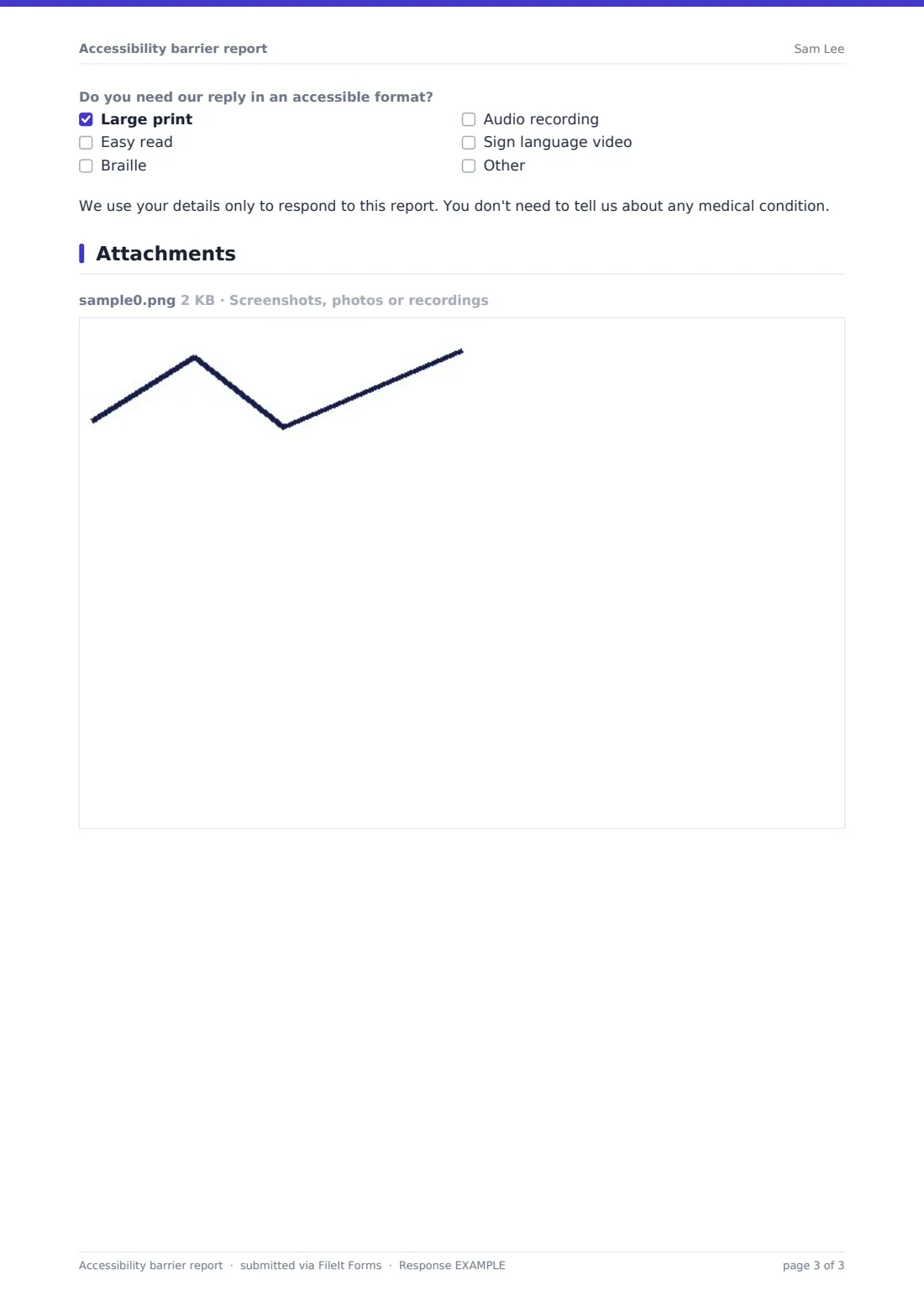 Accessibility barrier report — example response PDF, page 3 of 3