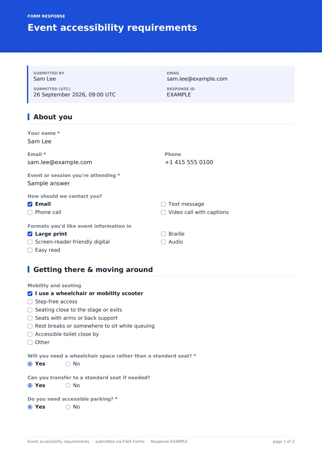Event accessibility requirements — example response PDF, page 1 of 3