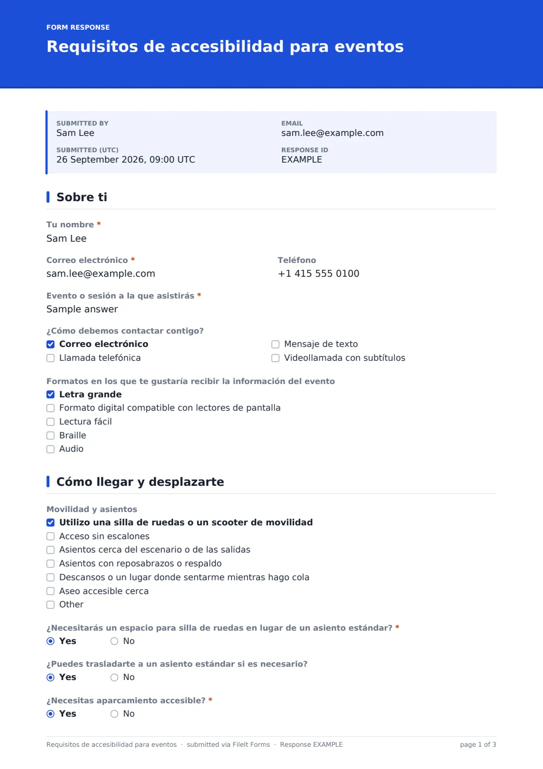 Requisitos de accesibilidad para eventos — PDF de respuesta de ejemplo, página 1 de 3