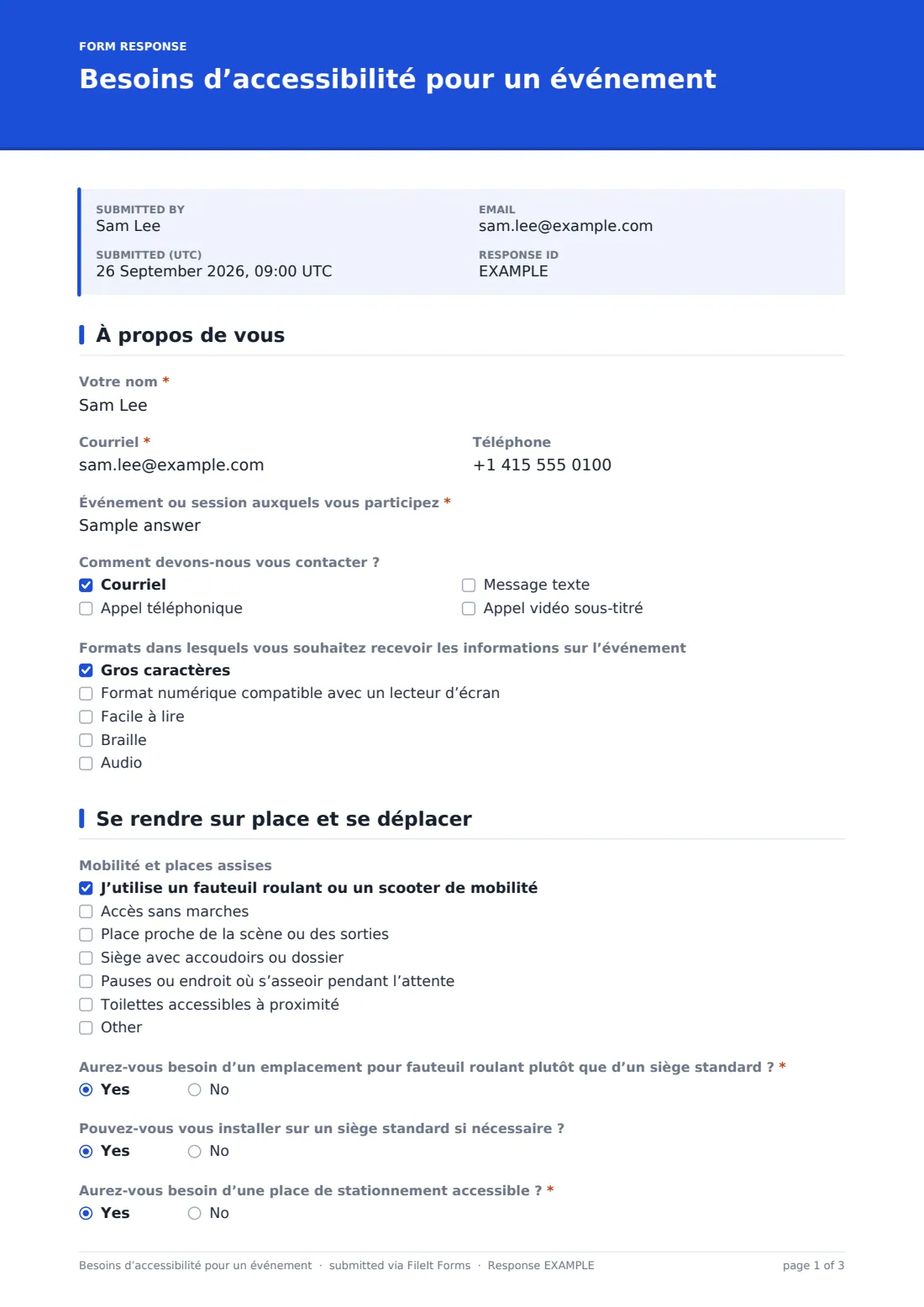 Besoins d’accessibilité pour un événement — exemple de réponse au format PDF, page 1 sur 3