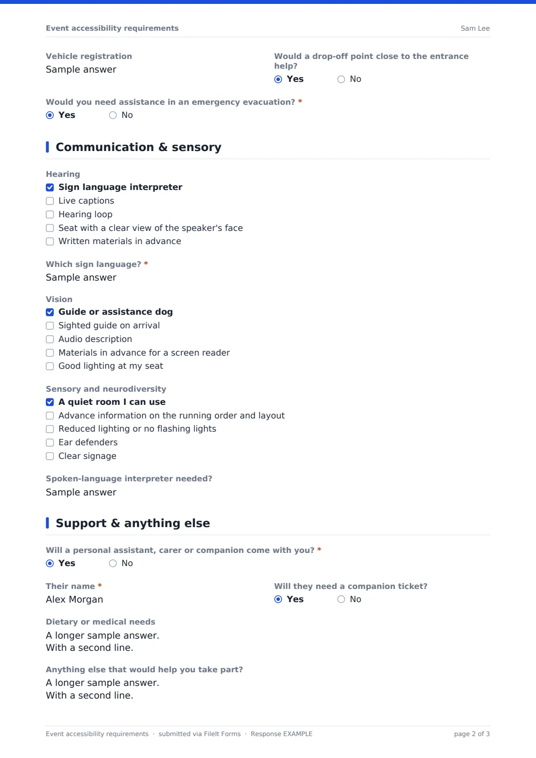 Event accessibility requirements — example response PDF, page 2 of 3