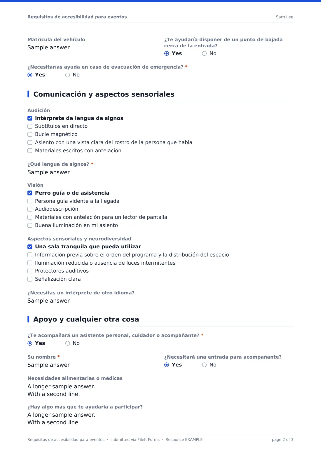 Requisitos de accesibilidad para eventos — PDF de respuesta de ejemplo, página 2 de 3