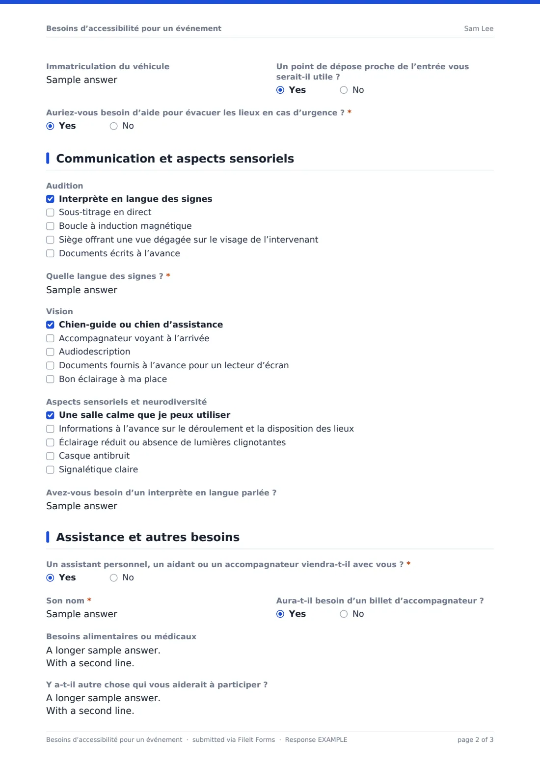 Besoins d’accessibilité pour un événement — exemple de réponse au format PDF, page 2 sur 3
