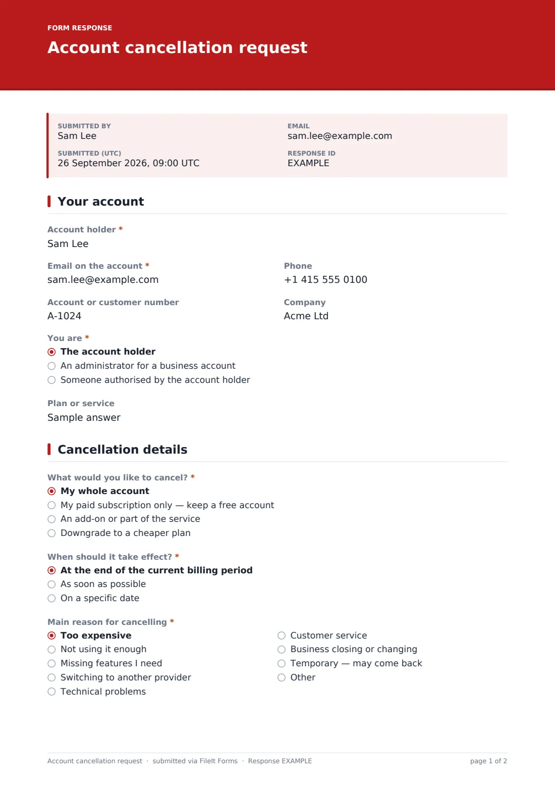 Account cancellation request — example response PDF, page 1 of 2