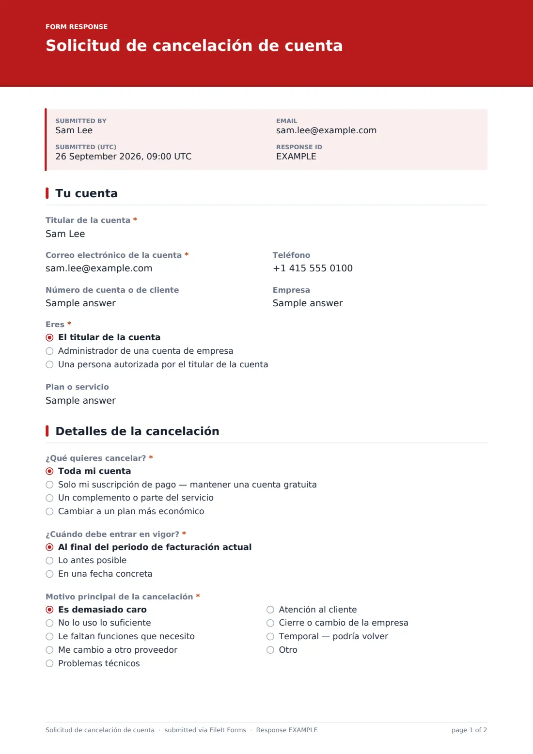 Solicitud de cancelación de cuenta — PDF de respuesta de ejemplo, página 1 de 2