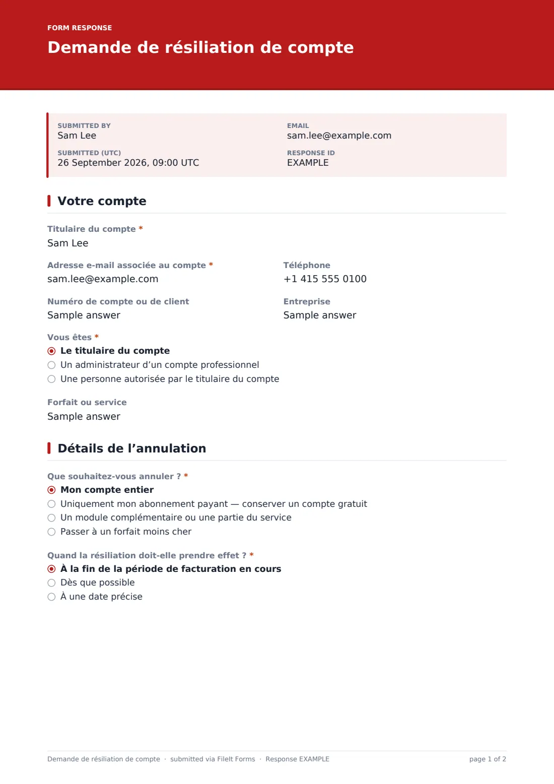 Demande de résiliation de compte — exemple de réponse au format PDF, page 1 sur 2