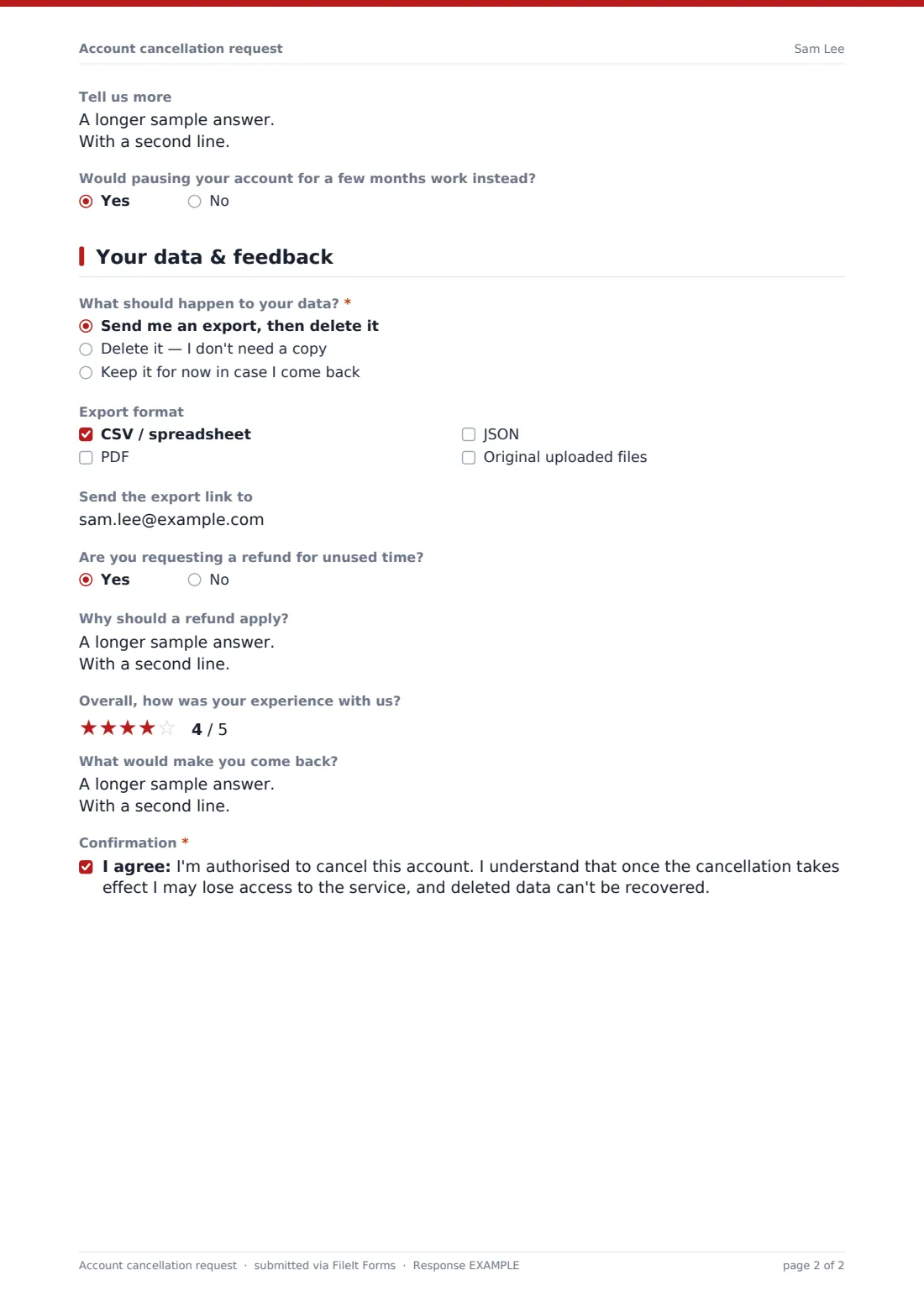 Account cancellation request — example response PDF, page 2 of 2