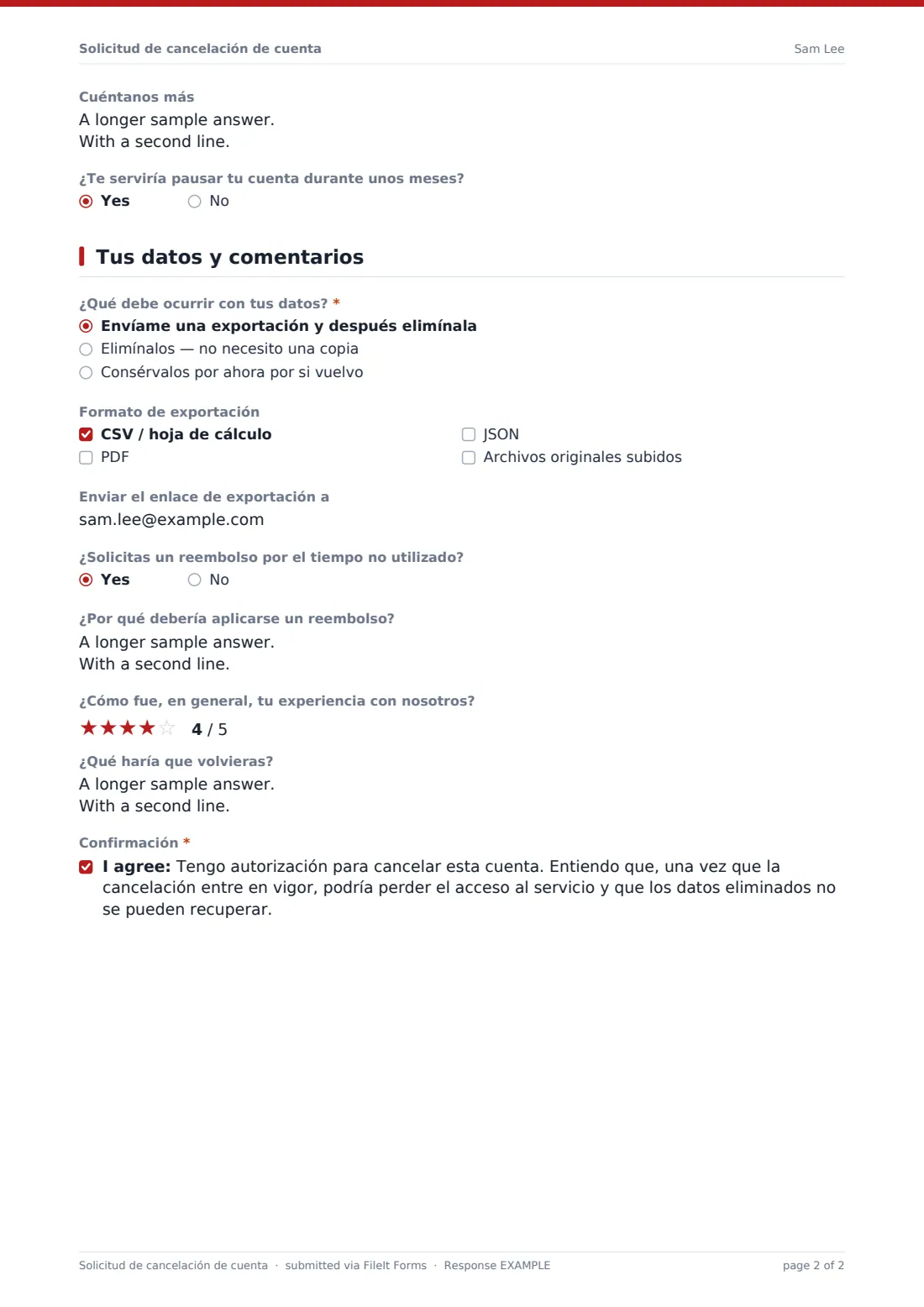 Solicitud de cancelación de cuenta — PDF de respuesta de ejemplo, página 2 de 2