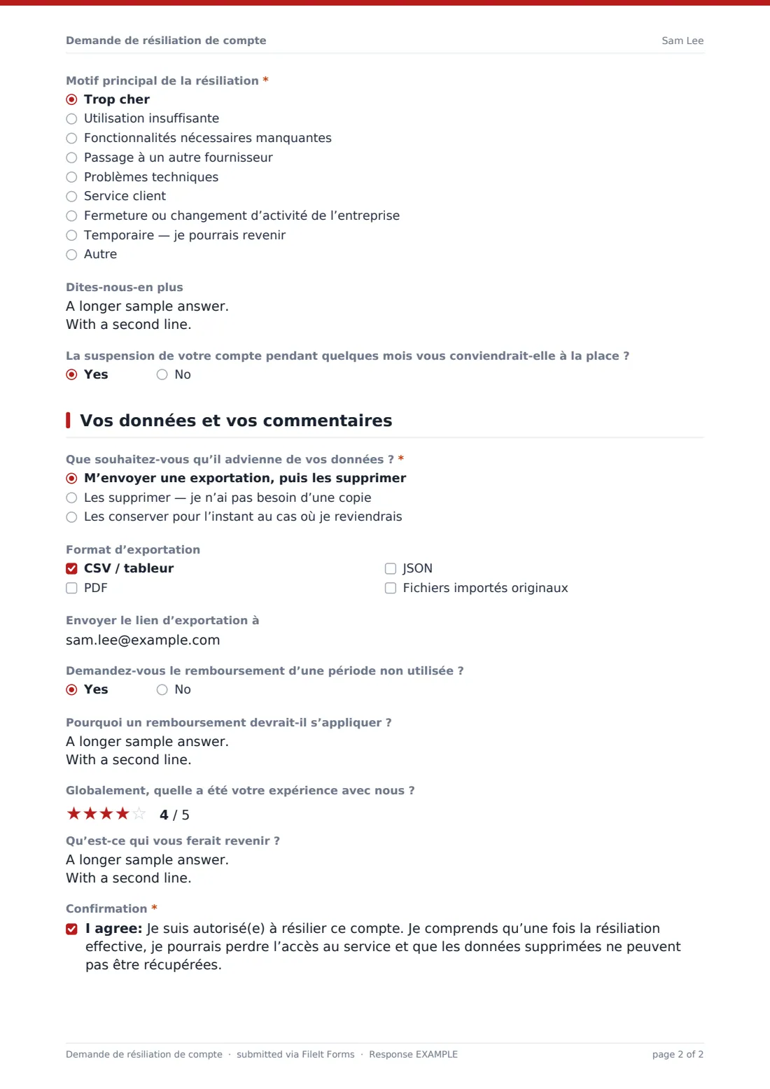 Demande de résiliation de compte — exemple de réponse au format PDF, page 2 sur 2