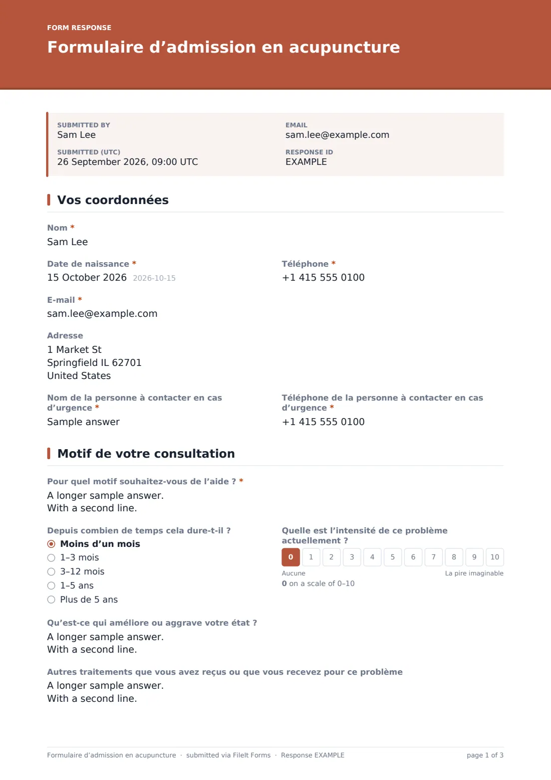 Formulaire d’admission en acupuncture — exemple de réponse au format PDF, page 1 sur 3