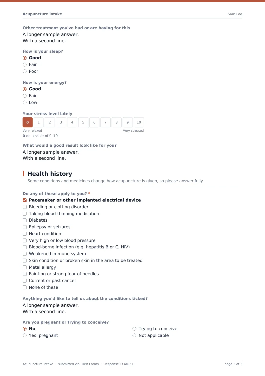 Acupuncture intake — example response PDF, page 2 of 3