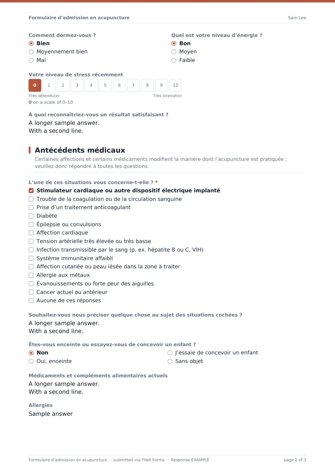 Formulaire d’admission en acupuncture — exemple de réponse au format PDF, page 2 sur 3
