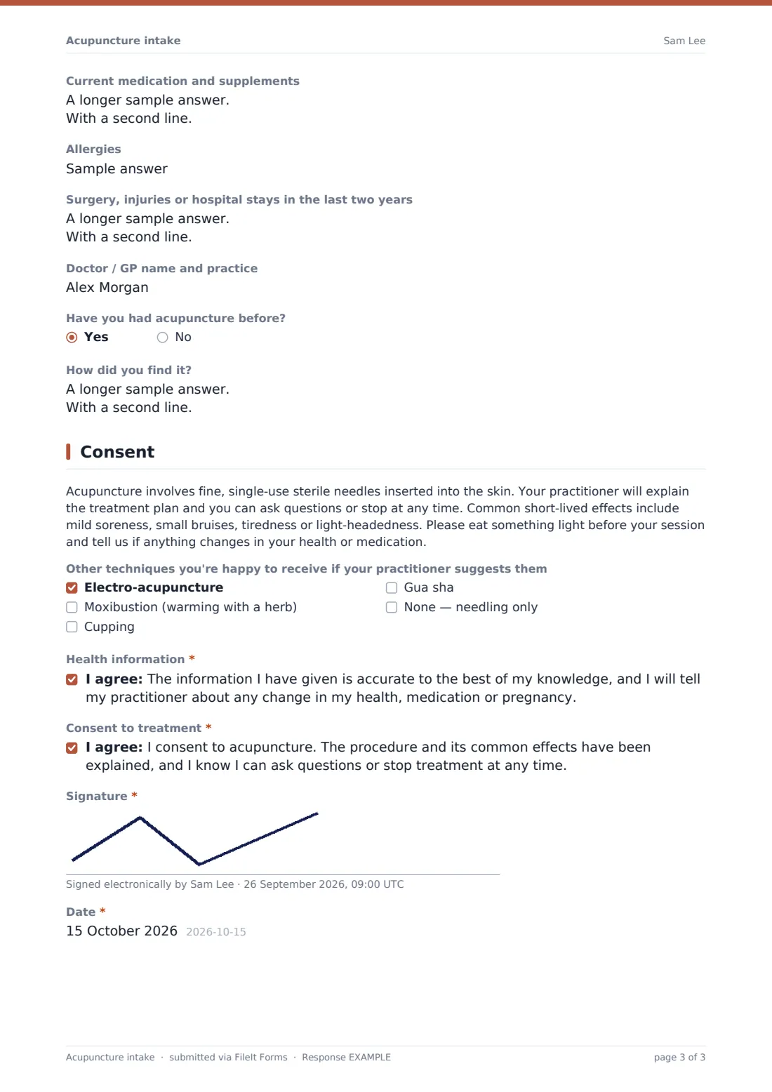 Acupuncture intake — example response PDF, page 3 of 3