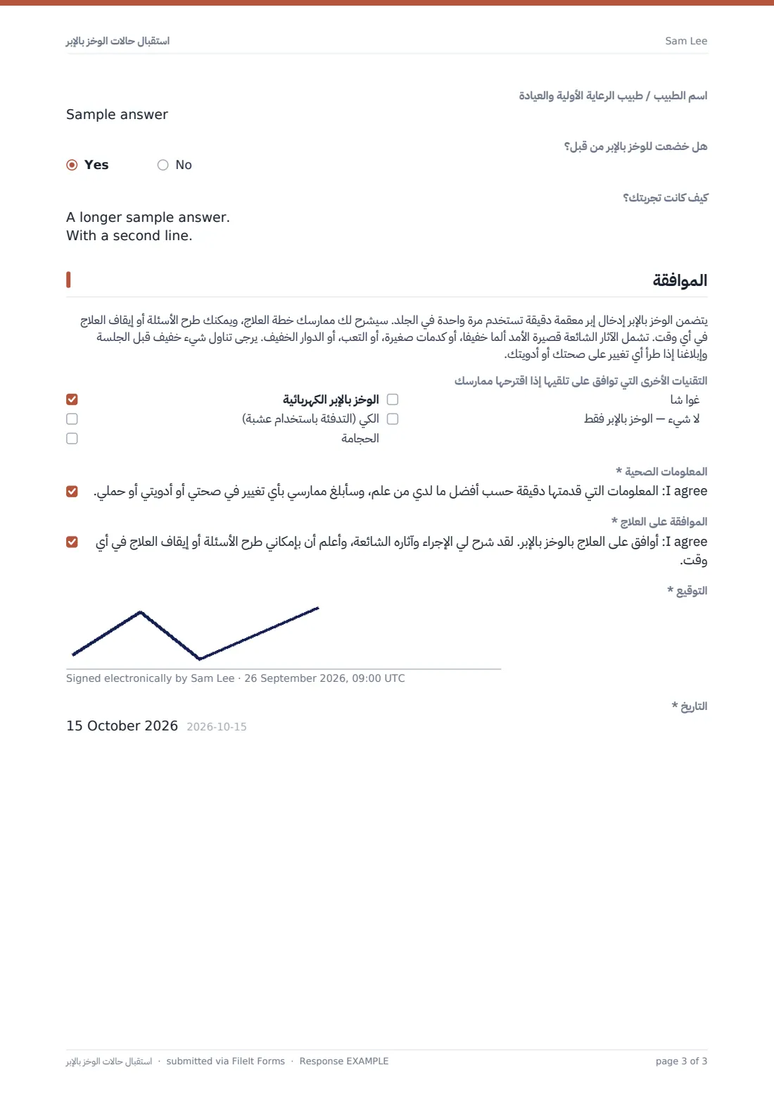 استقبال حالات الوخز بالإبر — ملف PDF لرد نموذجي، الصفحة 3 من 3