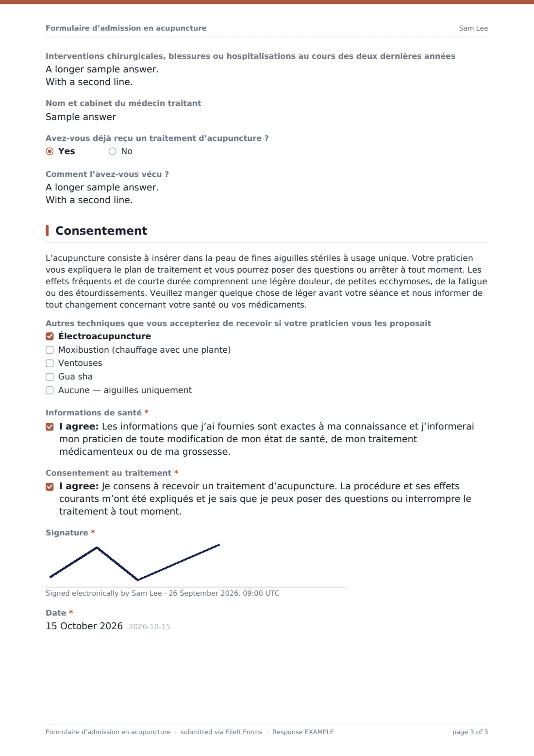 Formulaire d’admission en acupuncture — exemple de réponse au format PDF, page 3 sur 3