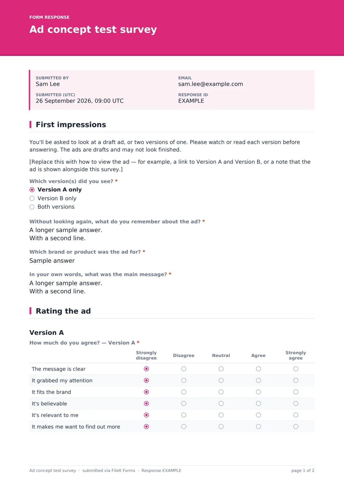 Ad concept test survey — example response PDF, page 1 of 2