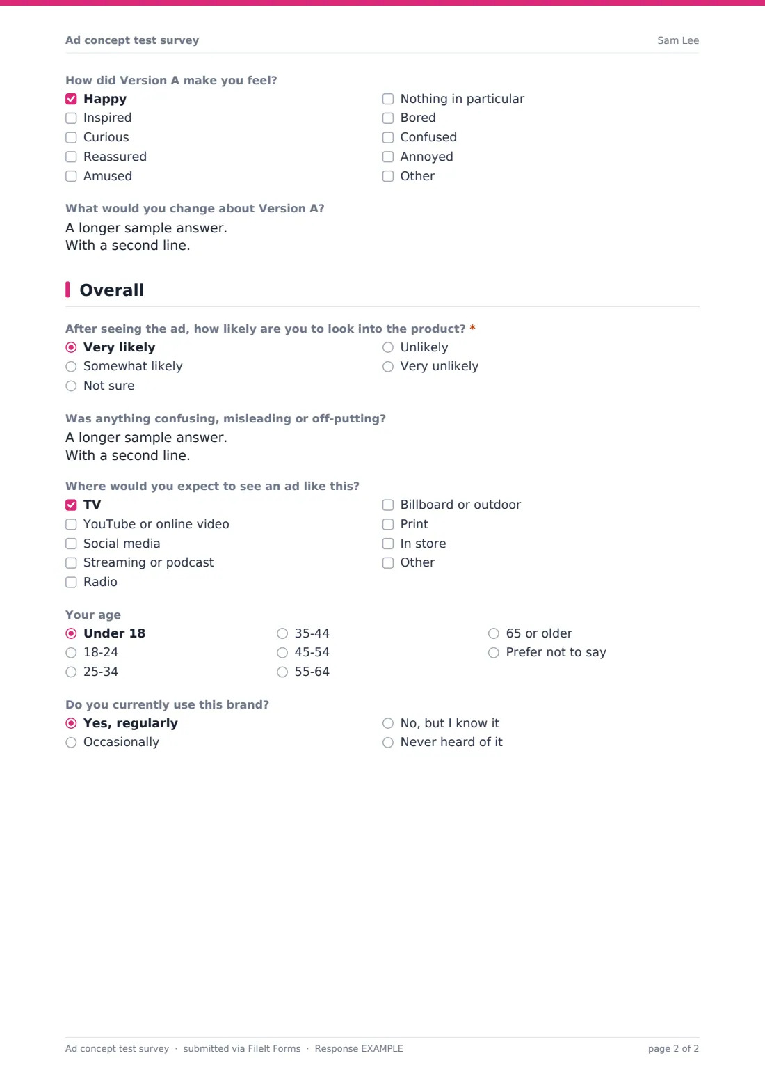 Ad concept test survey — example response PDF, page 2 of 2