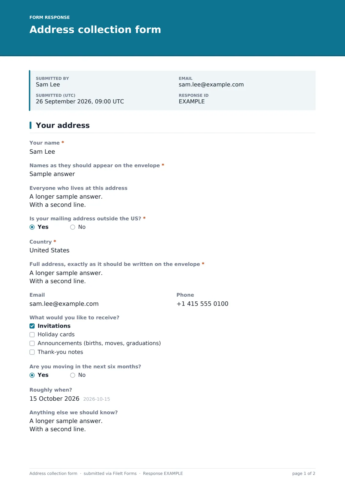 Address collection form — example response PDF, page 1 of 2