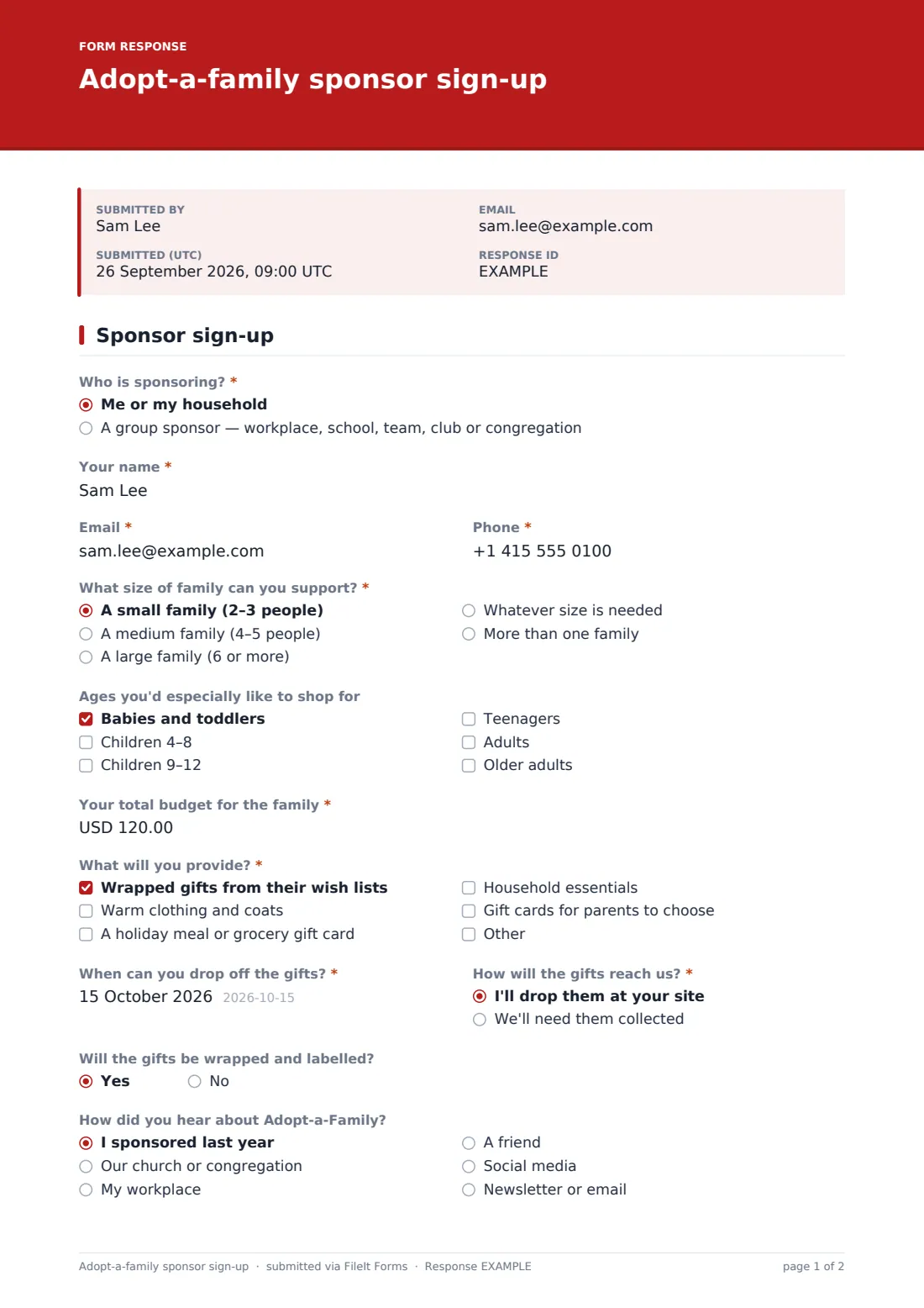 Adopt-a-family sponsor sign-up — example response PDF, page 1 of 2