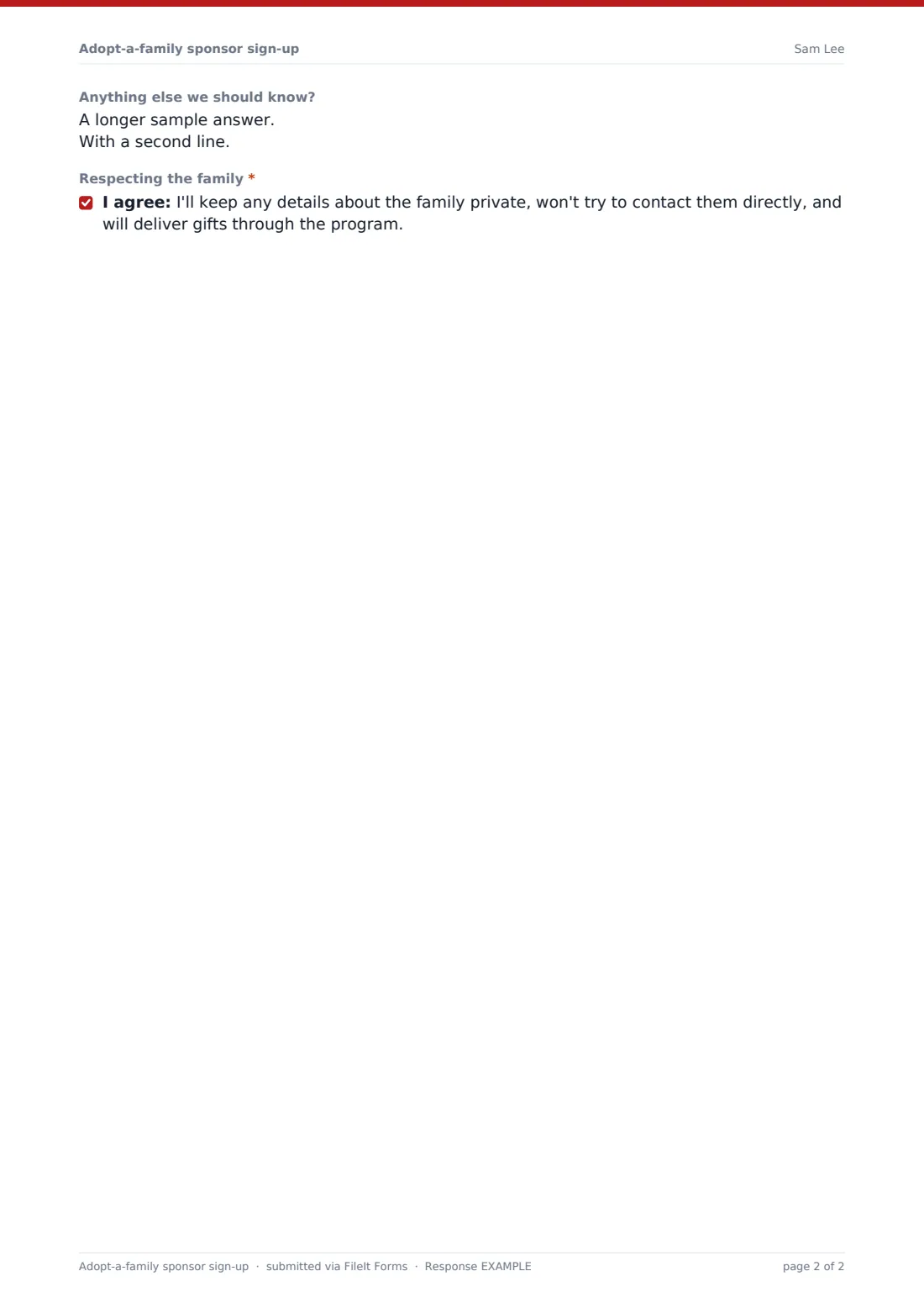 Adopt-a-family sponsor sign-up — example response PDF, page 2 of 2