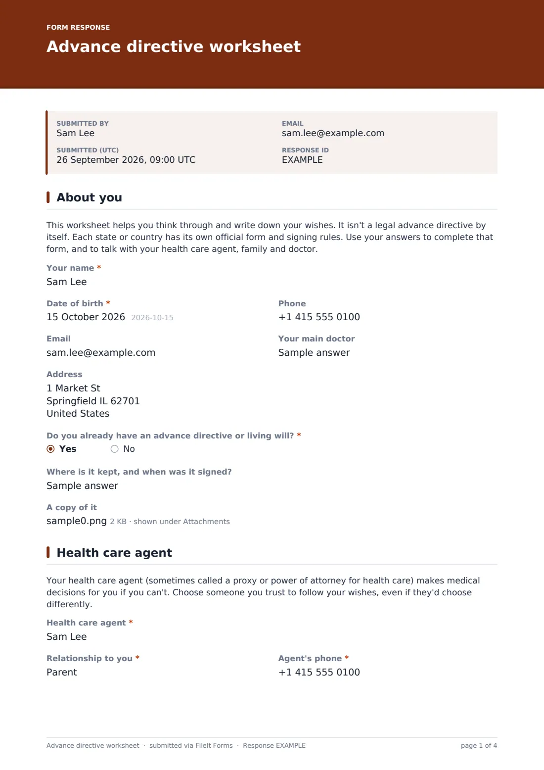 Advance directive worksheet — example response PDF, page 1 of 4