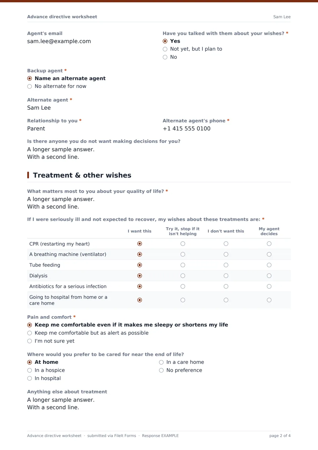 Advance directive worksheet — example response PDF, page 2 of 4