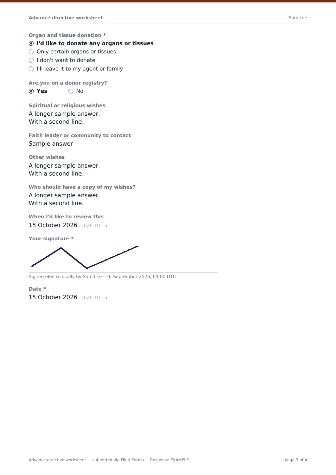 Advance directive worksheet — example response PDF, page 3 of 4