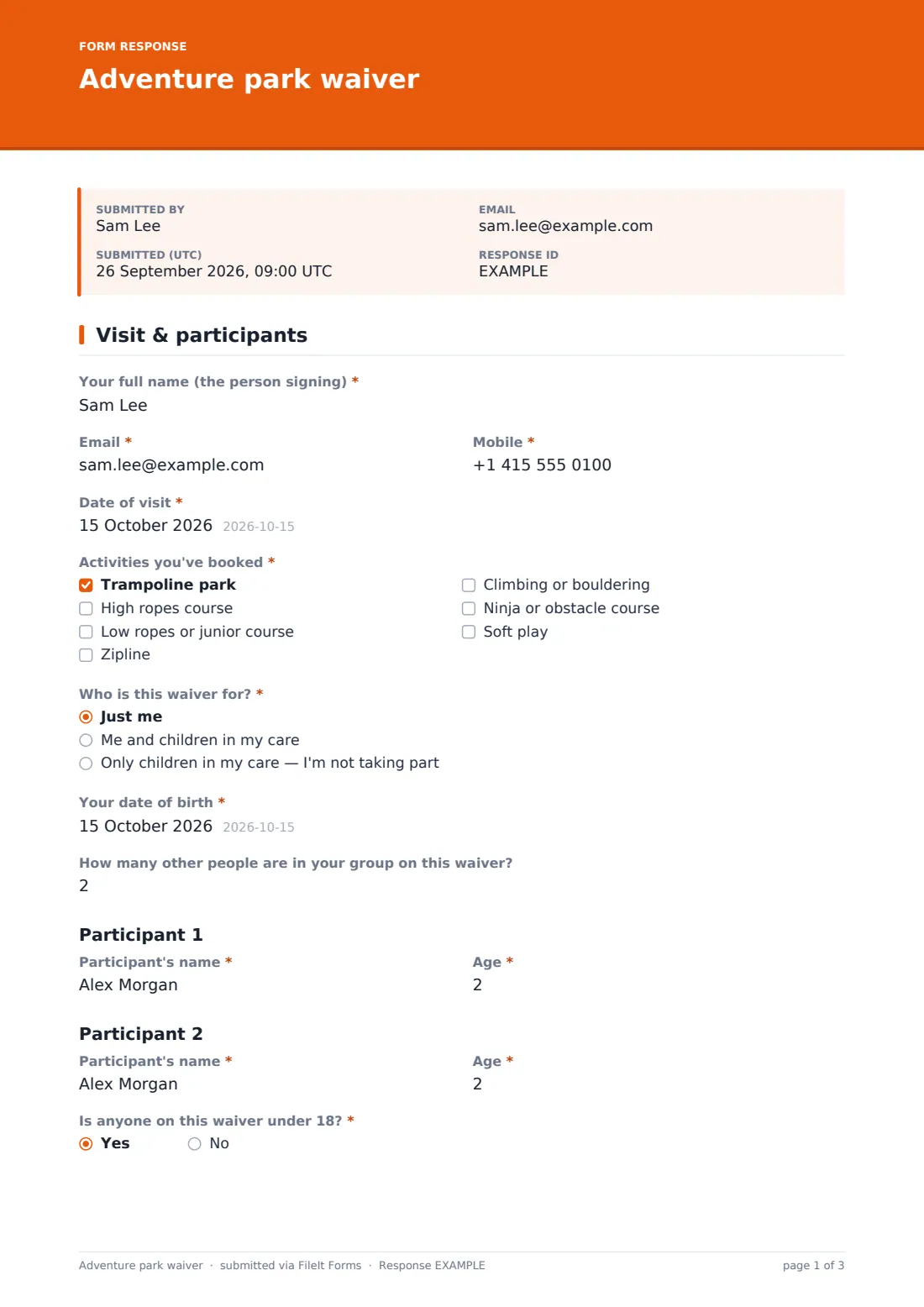 Adventure park waiver — example response PDF, page 1 of 3